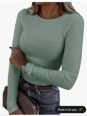 Women's Ribbed Long-Sleeve Crewneck Top in Sage Green